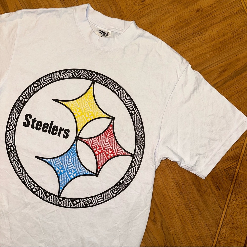 Pittsburgh Steelers Tshirt Men's Size Large White Double Sided Logo Shaka Wear
